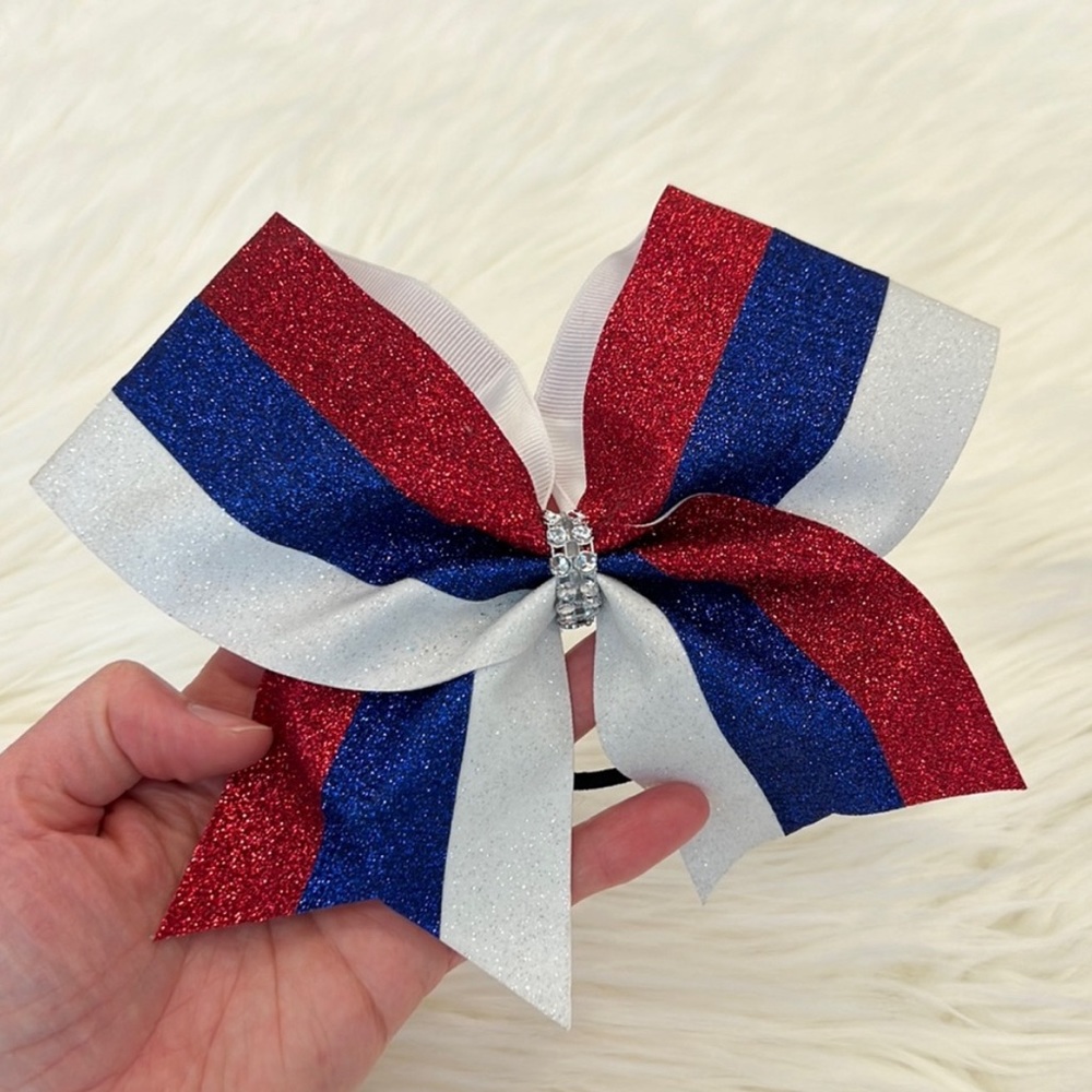 Large Cheer Bow, Red White and Blue, Sparkling colors with Rhinestones